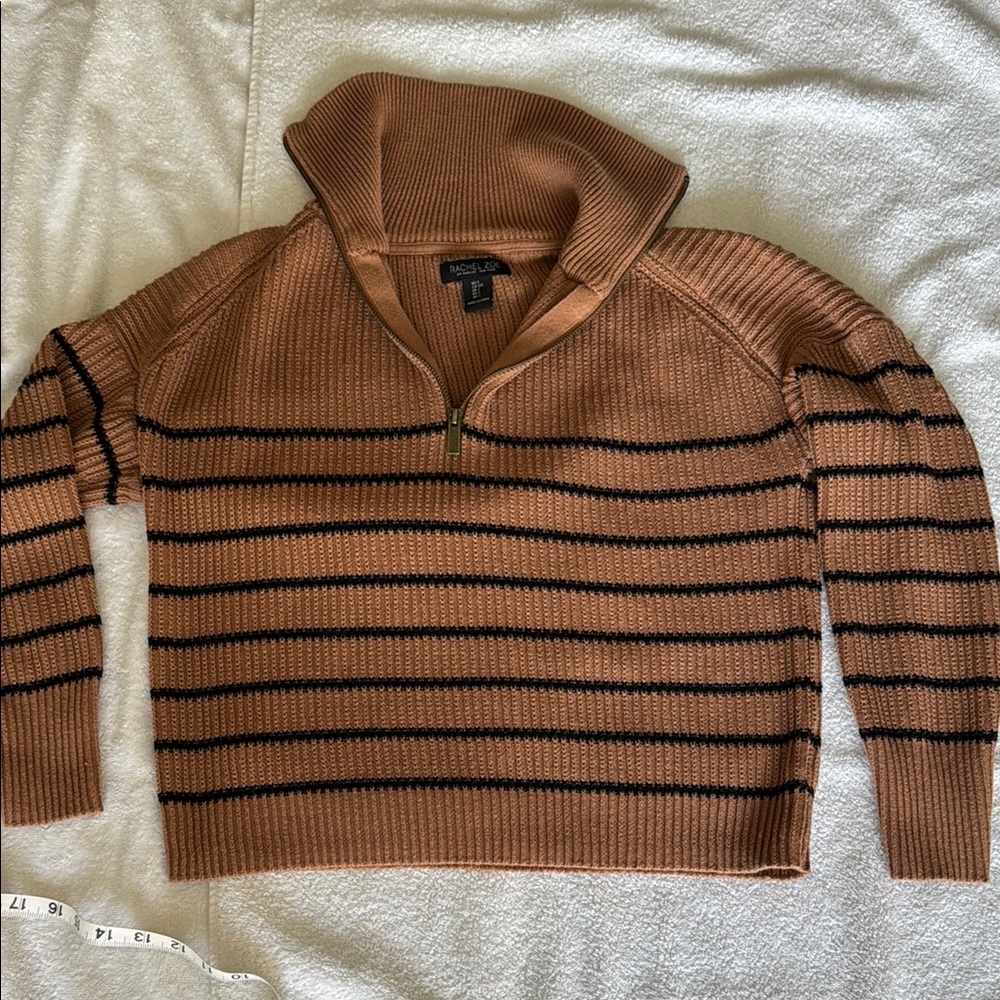 Rachel Zoe Tan and Black Striped Zip-Up Sweater